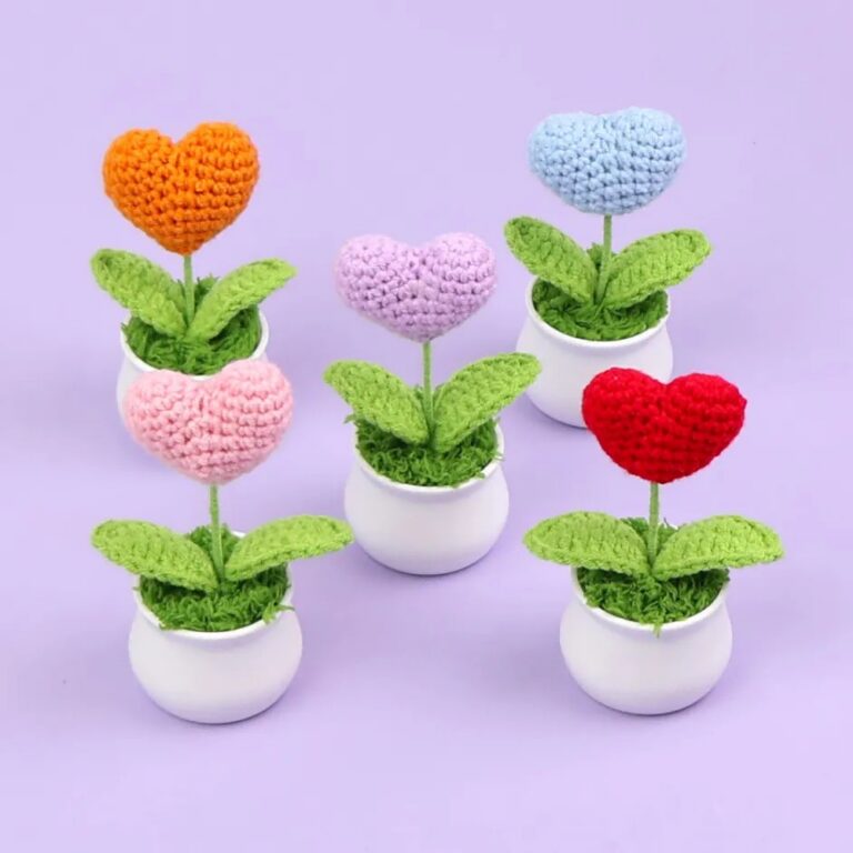 Handmade Crochet Crafts Crochet Heart & Tulip Potted Set